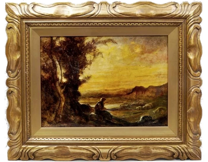 Pastorella che sorveglia le sue pecore in un paesaggio al tramonto